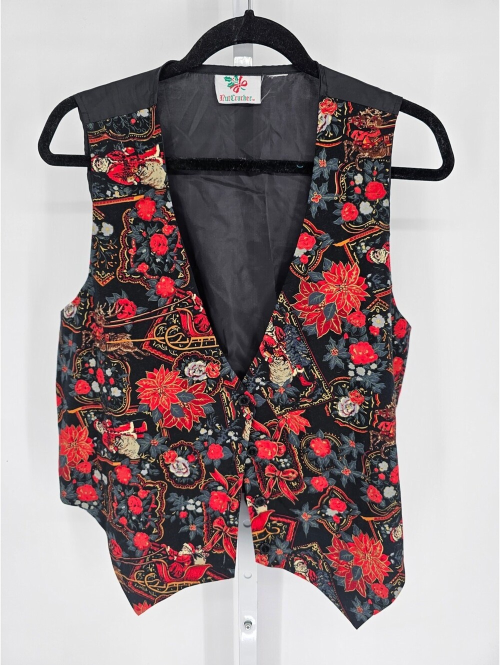Nut Cracker Women's Multicolor Christmas Santa Floral V-neck Button Vest Size L